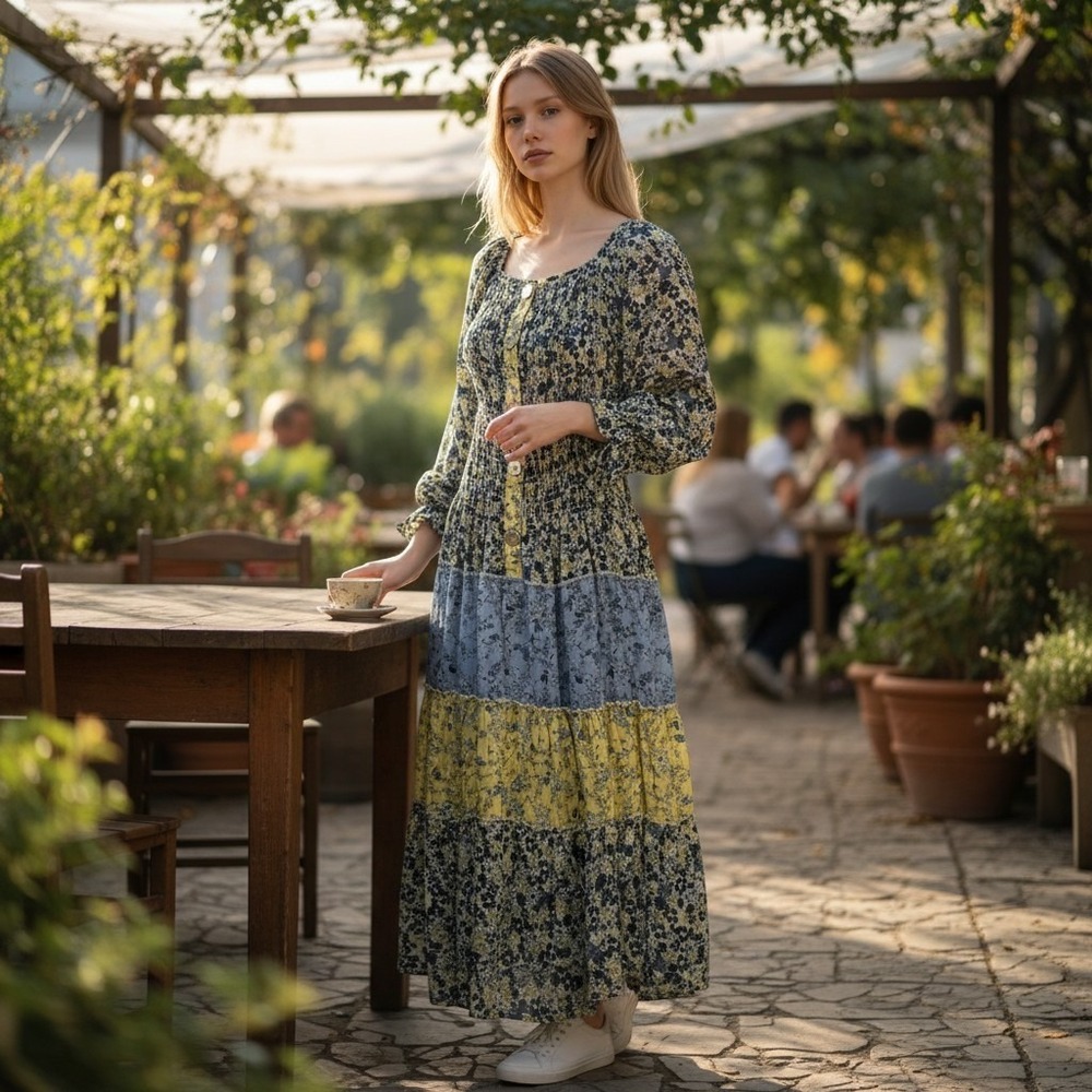 Fig & Flower Boho Floral Sheer Midi Dress S Blue Yellow Smocked Tiered Peasant